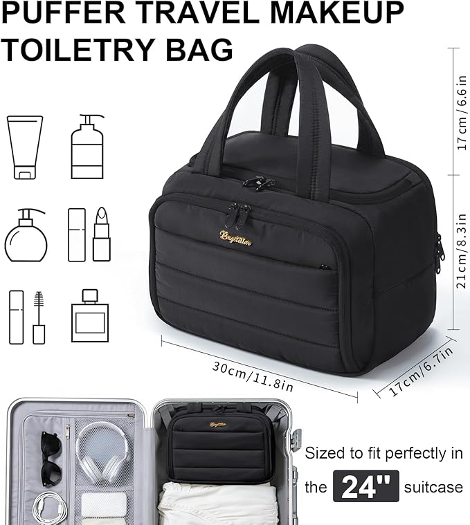 Bagstellar Travel Toiletry Bag for Women, Lightweight Large Quilted Puffy Makeup Bag Wide-open Make up Organizer Cloud Cosmetic Bag w/Handle for Traveling, Toiletries, Essentials, Accessories, Black