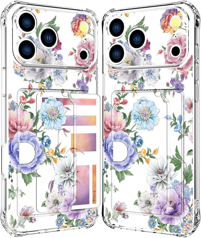 Compatible with iPhone 17 Pro Case Card Holder for Women Cute Design,Wallet Phone Cases Transparent Cool Kawaii Protective (Clear Amazing Lovely Flowers)