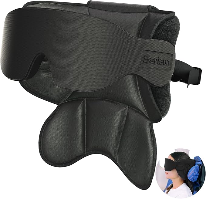 SARISUN Travel Pillows for Airplanes, Airplane Pillow with 3D Sleep Eye Mask, 360° Head Support, Stop Bobblehead Plane Travel Essentials, Adjustable Airplane Head Strap for Budget Airlines, Black