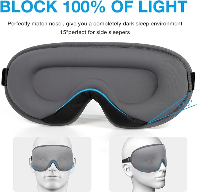 LYSIAN Blackout 3D Sleep Mask for Side Sleepers, No Pressure on Eyes, Soft Contoured Eye Mask for Sleeping, Adjustable Comfortable Night Blindfold for Travel, Office Nap, Home (Silver-Grey)