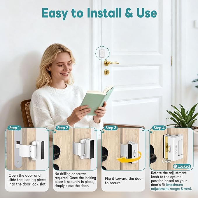 Upgraded Portable Security Door Reinforcement Lock - No Drilling Flip Lock Latch Prevents Unauthorized Entry Fits Inward-Opening Doors, Apartment, Hotel, Travel (White-1 Pc)
