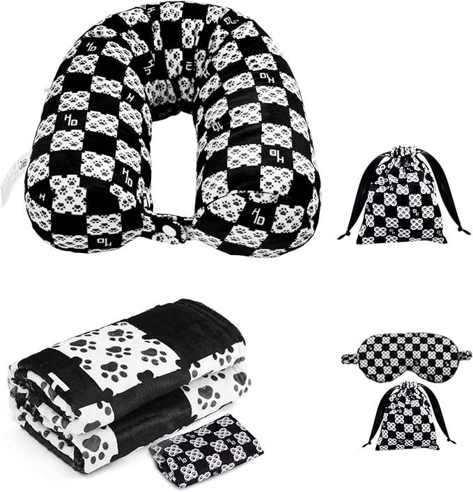 Travel Pillow with Detachable Flannel Blanket & Eye Mask – Plush Velvet Neck Support Pillow for Airplane,Car,Office Rest,Coordinated Digital Print Set (Black Dog Claw Grid, 50in * 60 in)
