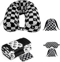 Travel Pillow with Detachable Flannel Blanket & Eye Mask – Plush Velvet Neck Support Pillow for Airplane,Car,Office Rest,Coordinated Digital Print Set (Black Dog Claw Grid, 50in * 60 in)