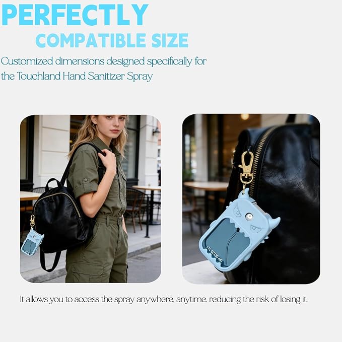 Hand Sanitizer Case Compatible with Touchland 1 Fl Oz, Cute Monster Silicone Spray Holder with Keychain for Bags, Sky Blue