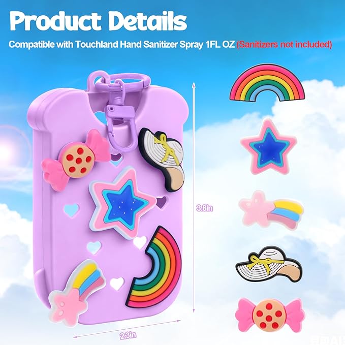Mity rain Hand Sanitizer Spray Case Compatible With Touchland, Cute Silicone Hand Sanitizer Holder Keychain with 4 Charms, Portable Refillable Sanitizer Accessory, Gift for Women And Teens