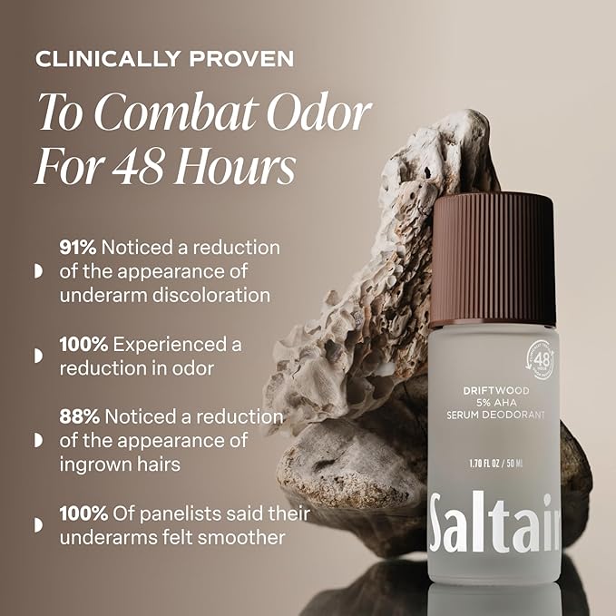 Saltair Serum Deodorant 2 Pack – 5% AHA – Aluminum-Free Odor Control for Women & Men – Mandelic Acid Deodorant with Lactic Acid – Driftwood Scent – 2x 1.7oz Travel Roll On