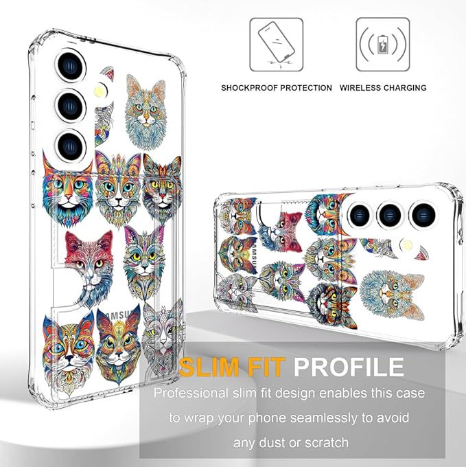 Compatible with Samsung Galaxy S24+ Plus / S25+ Plus Case Card Holder for Women Cute Design,Wallet Phone Cases Transparent Cool Kawaii Protective (Clear Tattoo Cats Animal)