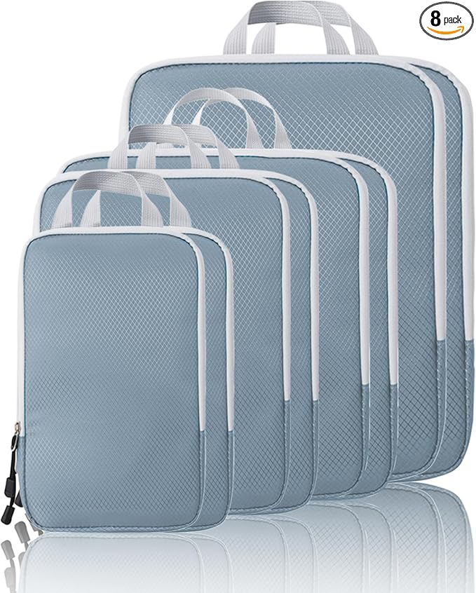 Compression Packing Cubes, 8 Set Packing Cubes for Travel Compression, Lightweight Compressible Package Organizer for Carry On and Suitcases, Lake Blue and Grey