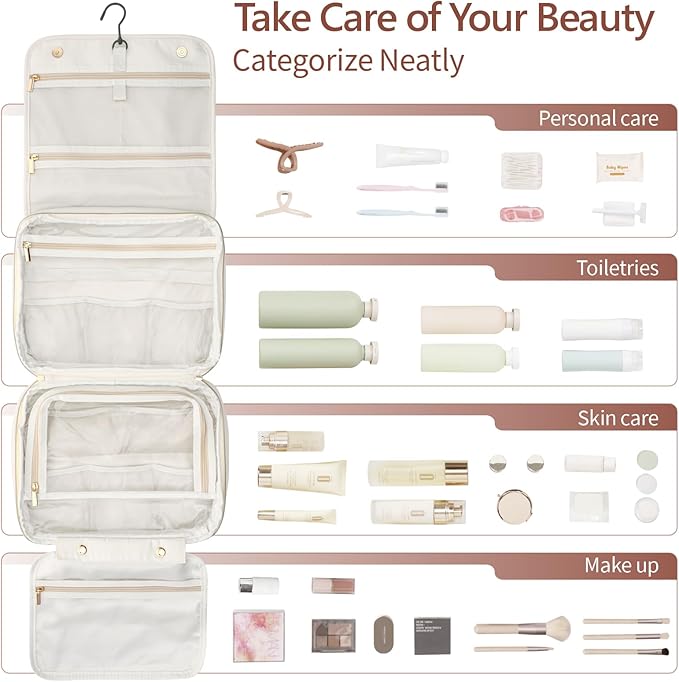 PACKISM Hanging Travel Bag for Traveling - Soft PU Leather Waterproof Travel Toiletry Bag for Full-Sized Toiletries, with Inner Pockets for Small Items, U Wide Open and Detachable Bag, Off White (L)