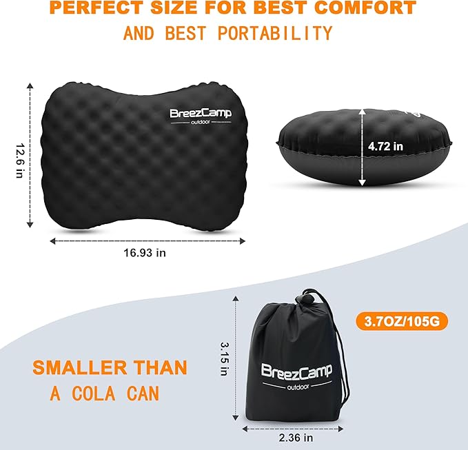 Camping Pillow with Soft Cover, Lightweight Inflatable Pillow for Neck Lumbar Support,Upgrade Backpacking Pillow,Washable Travel Air Pillows for Hiking, Backpacking, Airplane, Beach, Black