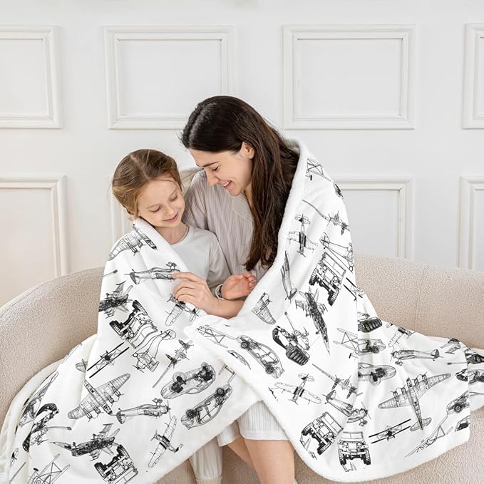 Airplane Kids Throw Blanket,American Aircraft Tank Toddler Bed Blanket for Girls Boys Adults,Hand-Painted Sketch Racing Car Fleece Blanket,Black White Fuzzy Blanket,Queen Size (90 x 90 Inches)
