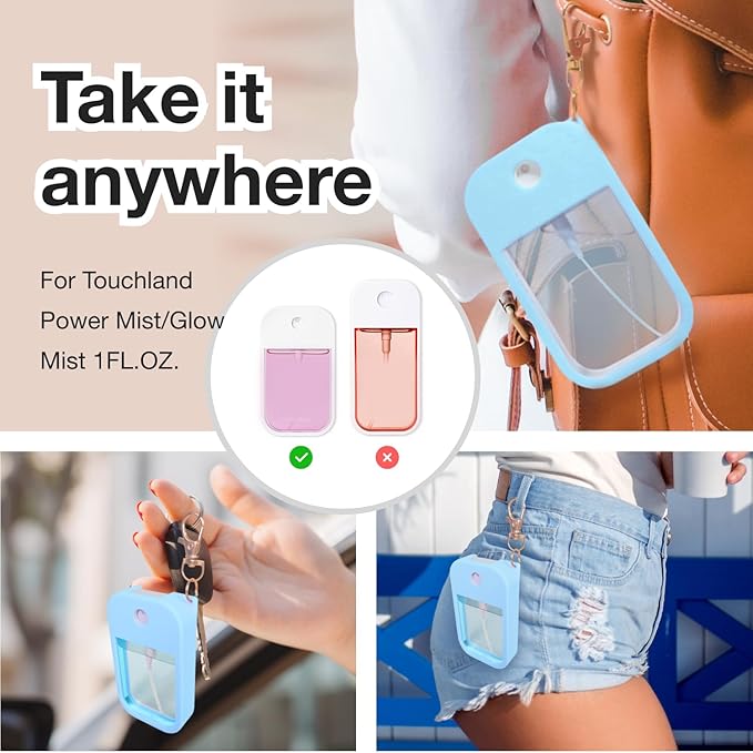 4 PCS Soft Silicone Case for Touchland Power Mist (1FL. OZ./30 mL), Protective and Stylish Case with Keychain Compatible with Touchland Hand Sanitizer Spray (Purple/Blue/Orange/Black)