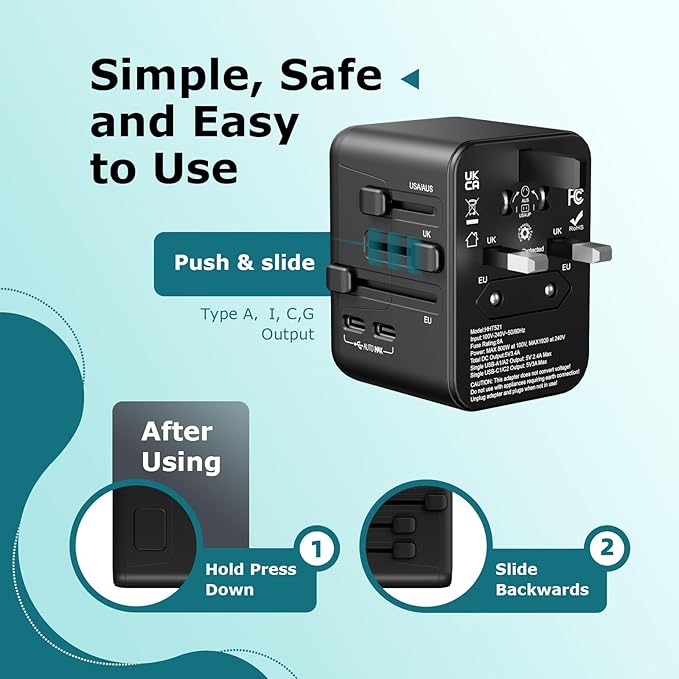 2026 New MENLONIGT Universal Travel Adapter, International Power Plug Adapter with 2 USB-C and 2 USB-A Ports, All-in-One Worldwide Wall Charger for USA EU UK AUS (Black)