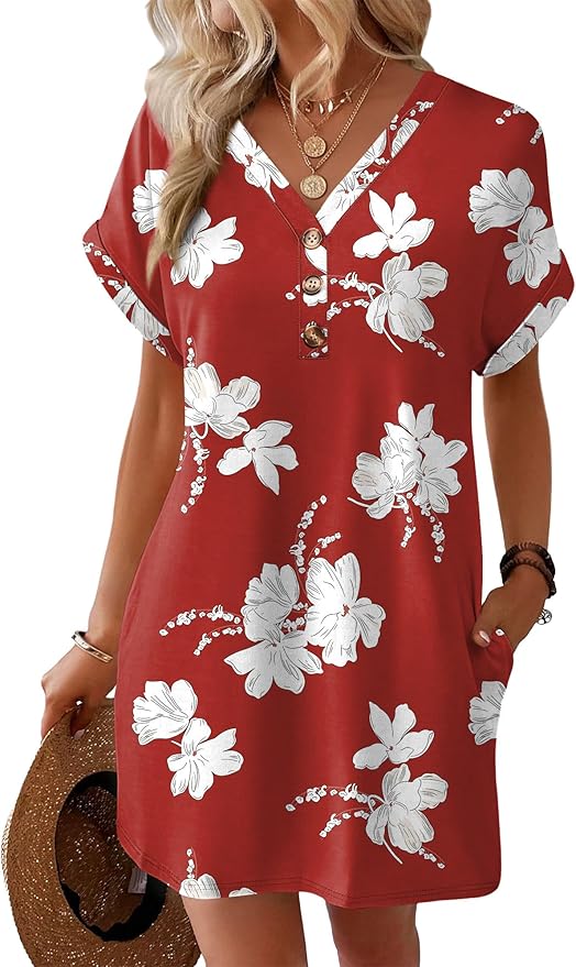 WIHOLL Summer Dresses for Women with Sleeves Midi Dress Button Down Beach Vacation Casual Dresses Fashion Clothing