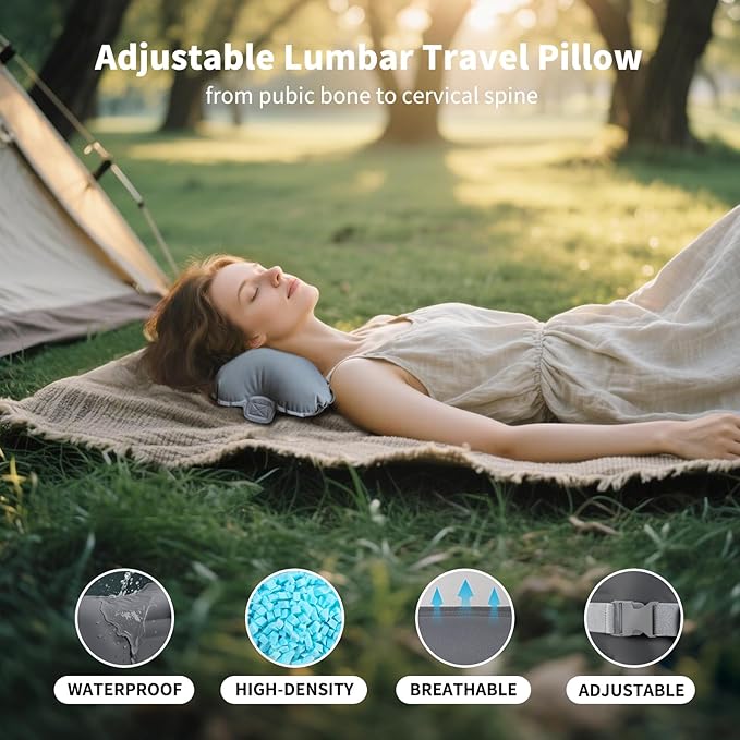 Mixtrend Travel Lumbar Pillow Inflatable Lumbar Support Pillow with Memory Foam, Back Support Pillow for Airplane Long Flight, Essential Travel Support Pillow for Women Men Kids（Chrcoal Grey）