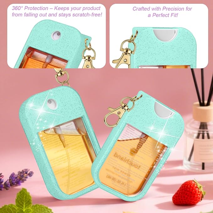 AIERSA Hand Sanitizer Spray Glitter Case Compatible with Touchland, Silicone Hand Sanitizer Case Holder with Keychain for Touch Land Mist 1FL. OZ(Glitter Sequin Green)