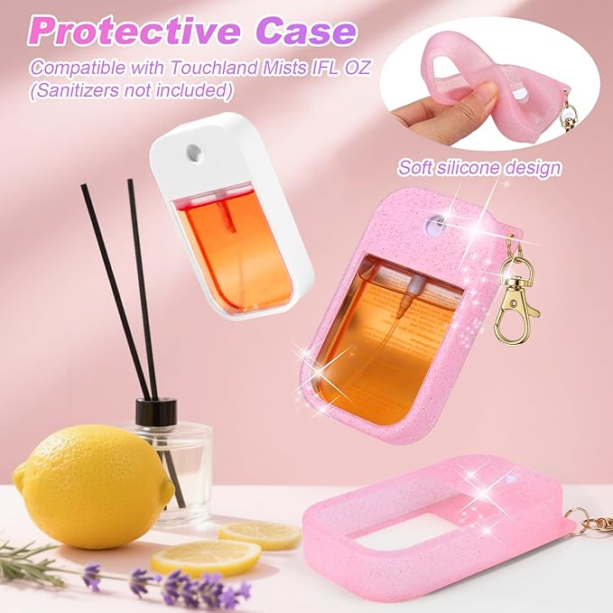 AIERSA 2Pcs Hand Sanitizer Spray Case Compatible with Touchland,Rabbit Ears Design Silicone Hand Sanitizer Case Holder with Keychain for Touch Land Mist Case 1FL. OZ (White+Pink)