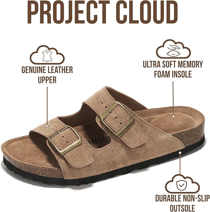 Project Cloud 100% Genuine Leather Flat Sandals For Women 2026 Cork Footbed Womens Sandals with Memory Foam and arch support Vacation Essentials Slides for Women Footwear (Venita)
