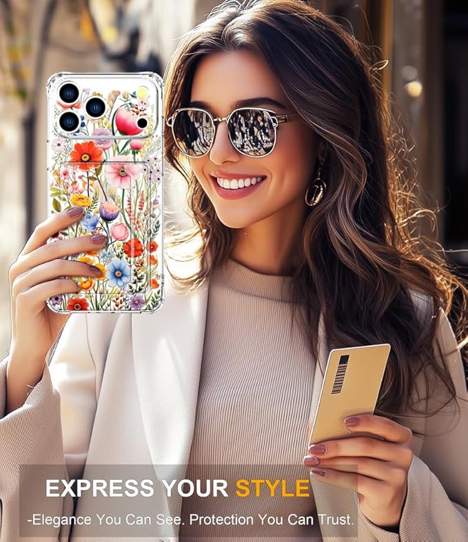 Compatible with iPhone 17 Pro Max Case Card Holder for Women Cute Design,Wallet Phone Cases Transparent Cool Kawaii Protective (Clear Flowers Lily Girly Florals)