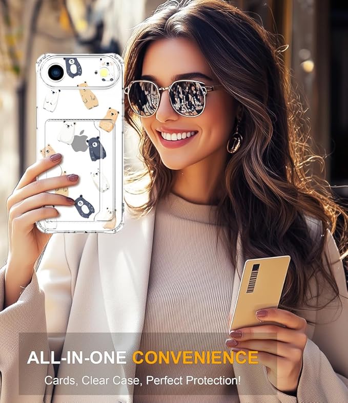 Compatible with iPhone 17 Air Case Card Holder for Women Cute Design,Wallet Phone Cases Transparent Cool Kawaii Protective (Clear Lovely Bears Funny)