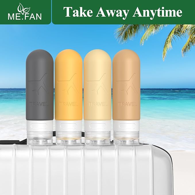 ME.FAN Travel Bottles for Toiletries, TSA Approved 3oz Travel Size Containers, Silicone Squeezable Portable Split Bottle, Travel Accessories for Conditioner, Shampoo, Lotion- 4 Pack Black/White