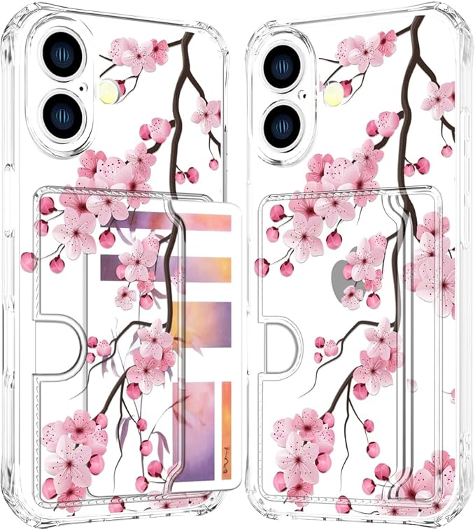 Compatible with iPhone 16 Plus Case Card Holder for Women Cute Design,Wallet Phone Cases Transparent Cool Kawaii Protective (Clear Sakura Peach Cherry)