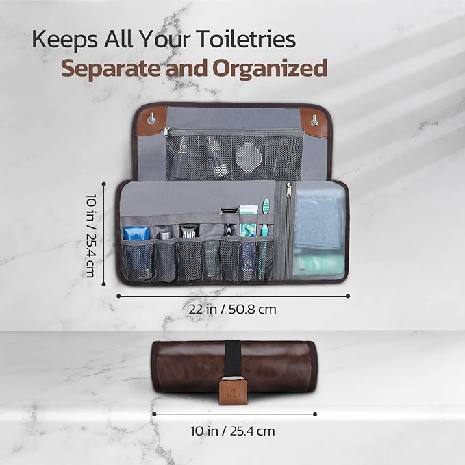 Toiletry Bag for Men, Travel Essentials Travel Toiletry Bag, Water-Resistant Compact Bathroom Roll Organizer for Hygiene, Shaving kit, Gifts for men (1.Chic Brown(PU Leather))