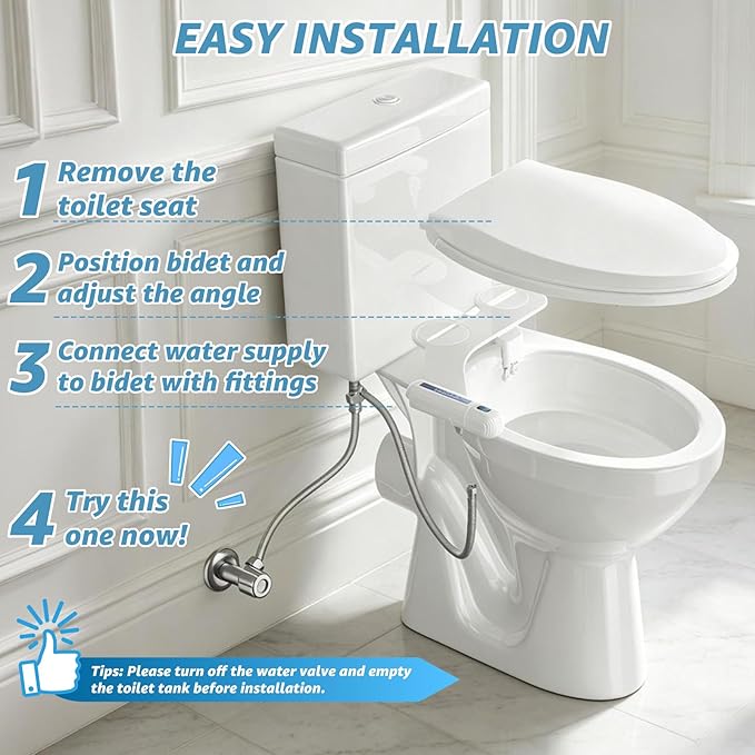Ultra-Slim Bidet Attachment for Toilet, Non-Electric Dual Nozzle (Rear & Feminine Wash), Adjustable Water Pressure, Easy to Install, Fits Most Toilets, Stainless Steel Hose, Blue & White