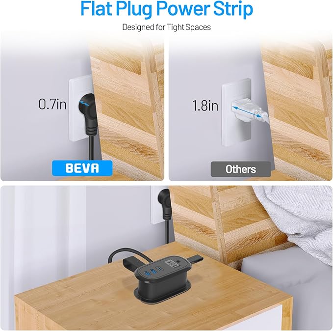 BEVA Travel Power Strip with USB C Ports, 4FT Extension Cord, 2 Outlets, 3 USB Ports, Cruise Ship Essentials (3.4A Charge, Black)