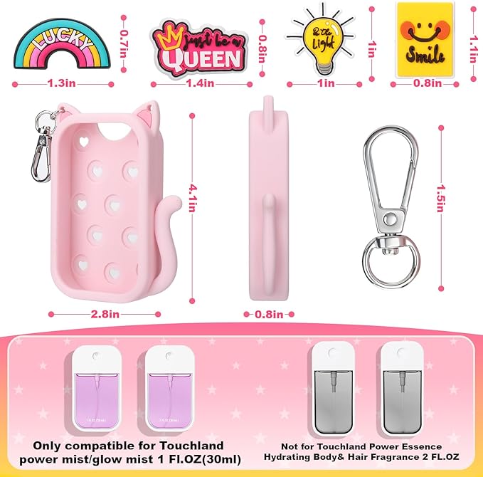 Juome Silicone Case for Touchland Hand Sanitizer Spray with Keychain & Charms, Cat Protective Holder Compatible with Touchland Power Mist & Glow Mist 1 FL Oz/30ML, Travel Cover Sleeve Accessory (Pink)