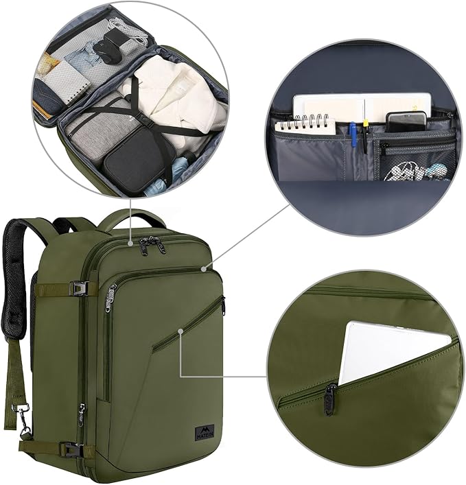 MATEIN Mens Backpack for Travel, Extra Large Expandable Carry on Backpack with Hideaway Shoulder Straps for Travelling, Water Resistant Heavy Duty Daypack, Gifts for Men Women, Dark Green
