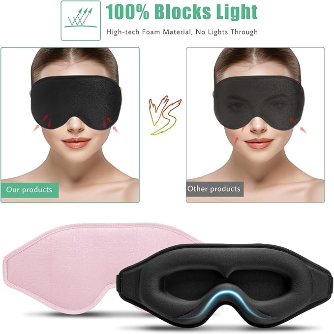 BeeVines 2 Pack 3D Contoured Sleep Mask Eye Mask for False Eyelash Extensions for Men & Women, Eye Mask for Sleeping with Adjustable Strap, 100% Blackout Eye Covers Night Blindfold for Yoga Travel