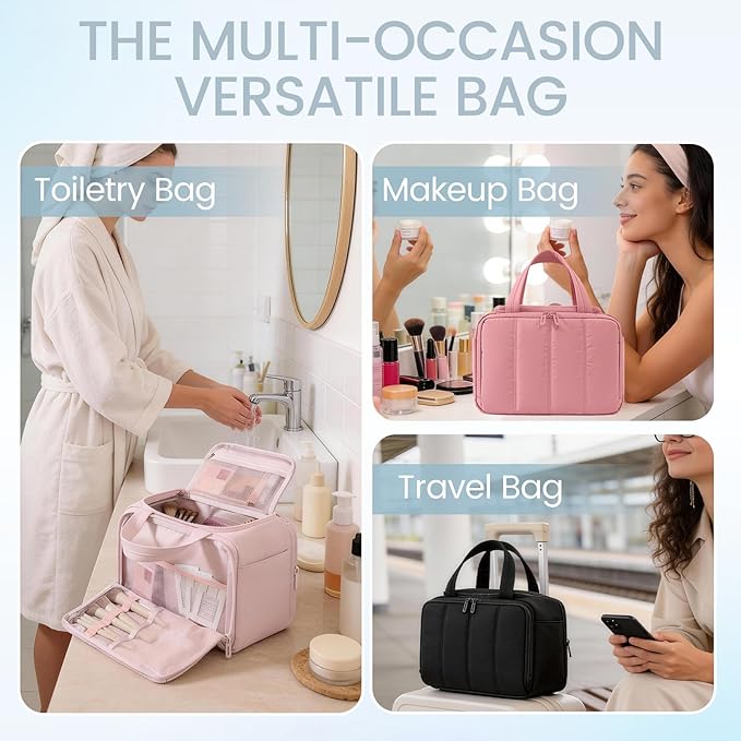 Wide Opening Toiletry Bag for Women,Travel Makeup Bag with Mesh Pocket,Cosmetic Travel Organizer with Wet Dry Separation,Toiletries Bag,Blue