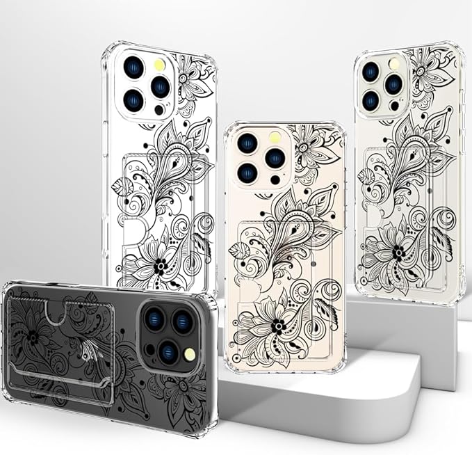 Compatible with iPhone 16 Pro Case Card Holder for Women Cute Design,Wallet Phone Cases Transparent Cool Kawaii Protective (Clear Black Henna Flower)