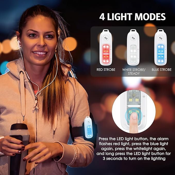 AMIR Personal Safety Alarm for Women, Rechargeable Clip On Flashlight, 130 dB Safe Sound Personal Alarm with Strobe Lights, Running Lights for Runners, 4 Light Modes