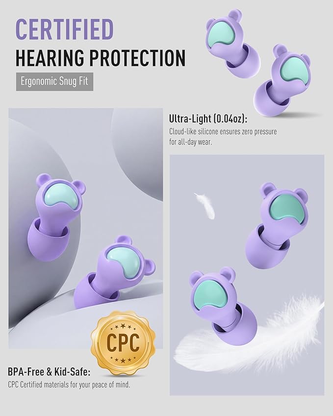 Kids Ear Plugs (6-12 Years) with Cord, Kids Ear Protection Reusable Noise Relief Earplugs for Focus, Travel, Concert, Socializing, Events, Sleep, Anxiety, Home, School, Playtime -26dB Noise Reduction