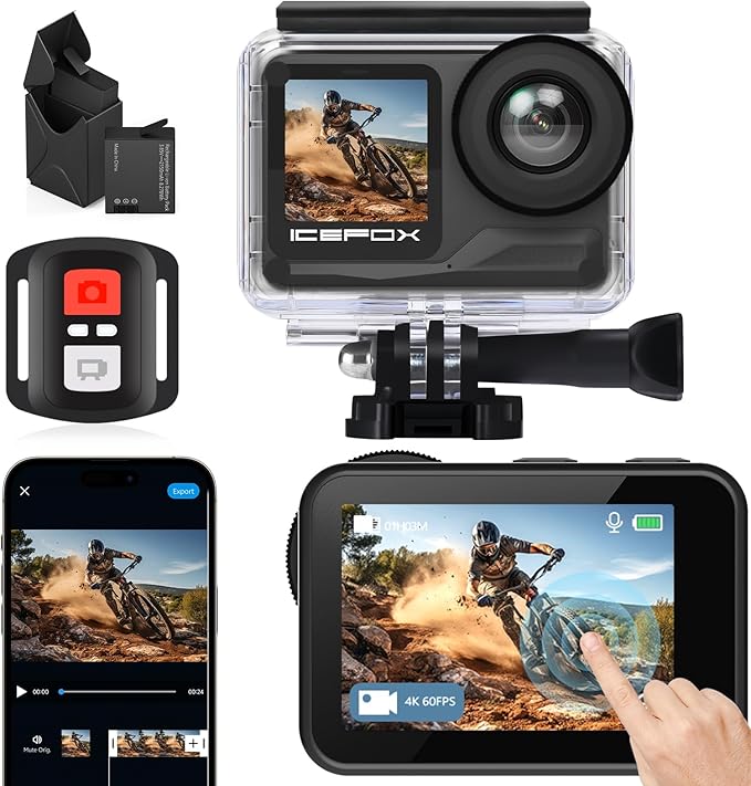 icefox Action Camera 4K 60FPS 20MP, Underwater with EIS,5XZoom,App Support Video&Photo Editing,Waterproof Camera WiFi Remote Control for Cycling, Swimming, and Diving