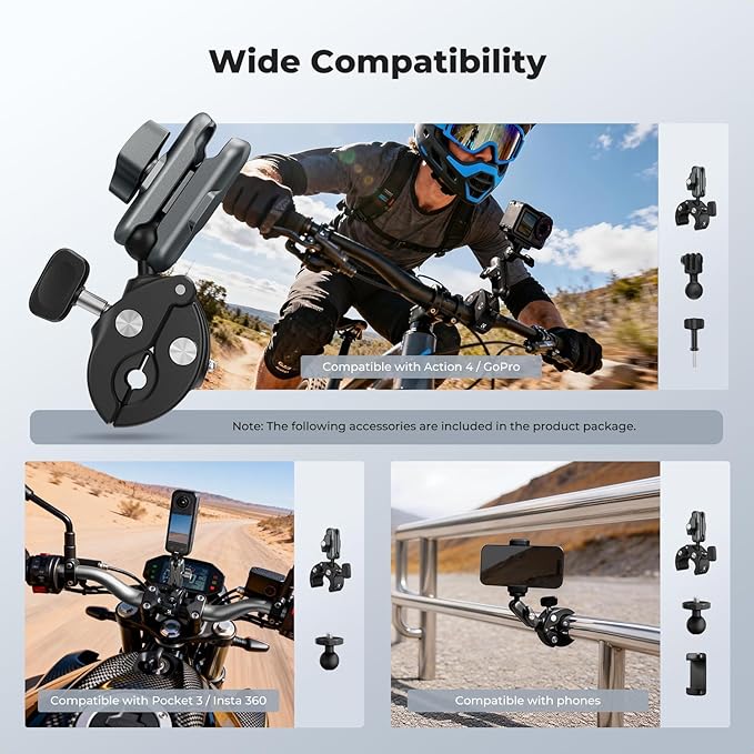 K&F CONCEPT Super Clamp Camera Mount with 360° Dual Ball Head, Bike/Motorcycle Handlebar Mount Compatible with DJI Action 6/5/4/3, Hero 13/12/11/10, 360 X5 X4