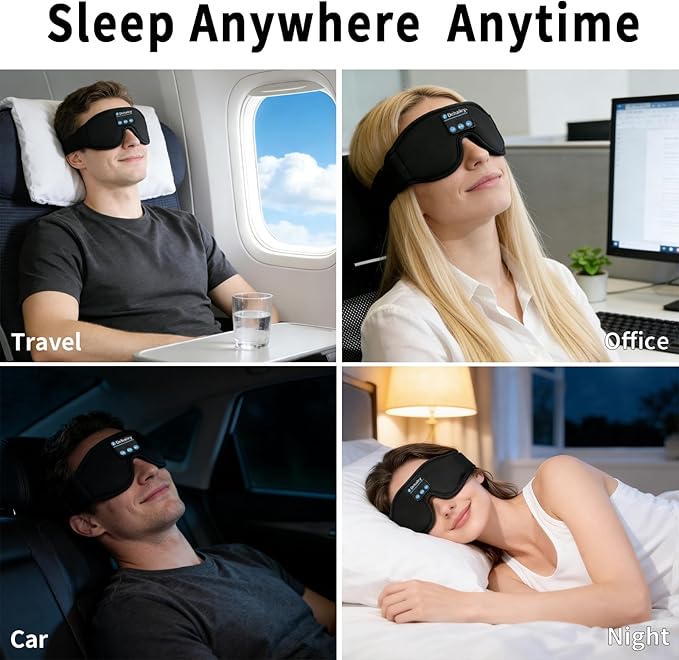 Sleep Mask with Bluetooth Headphones, 100% Light Blocking Sleep Headphones for Side Sleepers Men Women, Eye Mask with Thin Stereo Speakers, Soft Eye Cover for Travel Gift (Plus Size)