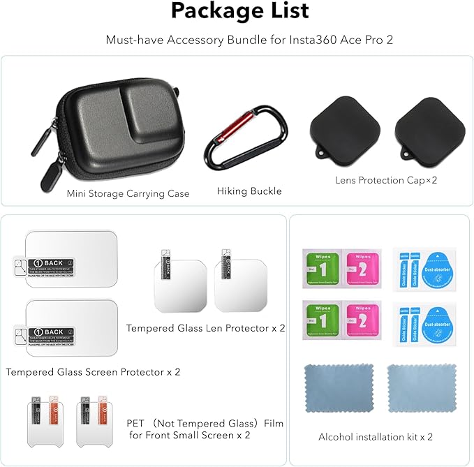 for Insta 360 Ace Pro 2 Accessories, PU Portable Mini Carrying Bag Case, Lens Screen Protectors (6 Pack) Compatible with Insta360 Ace Pro 2, Rubber Lens Cap Cover for Insta 360 Action Camera
