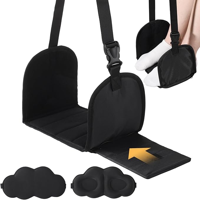 Travel Foot Rest Hammocks Set with Sleep Masks, 2-Pack, Adjustable for Flights and Office Use, Portable Storage Bag