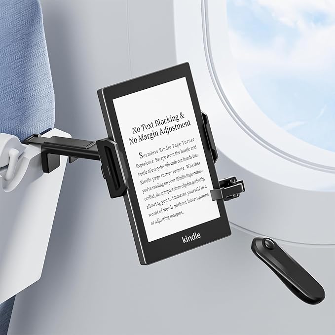 Tablet Holder Mount for Kindle Reading in Airplane or Table with Page Turner Remote, Travel Essential Handsfree Tablet Stand for Flying, Wireless Page Turner and Holder Arm Fits 5.9″–9.8″ Devices