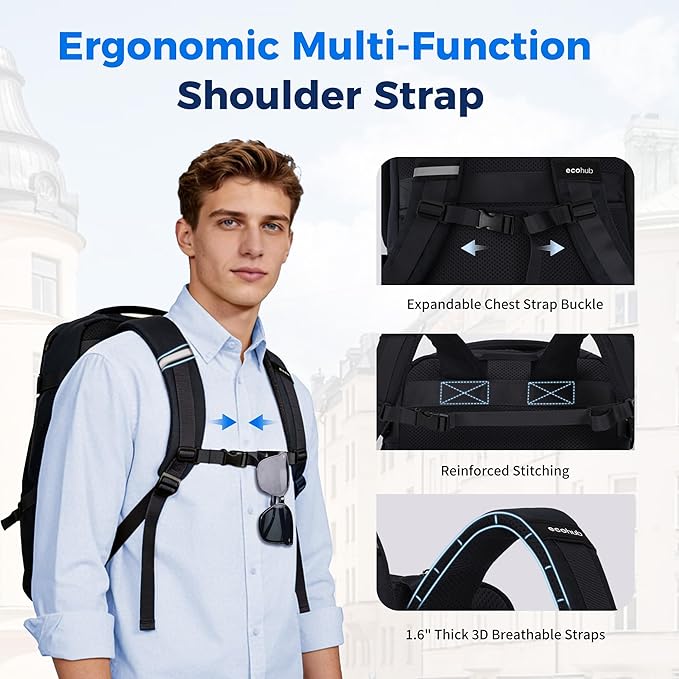 ECOHUB 17" Travel Backpack for Men United Airlines Personal Item Travel Bag TSA Friendly Business Computer Bag with USB Charging Port & Wet Compartment,Black
