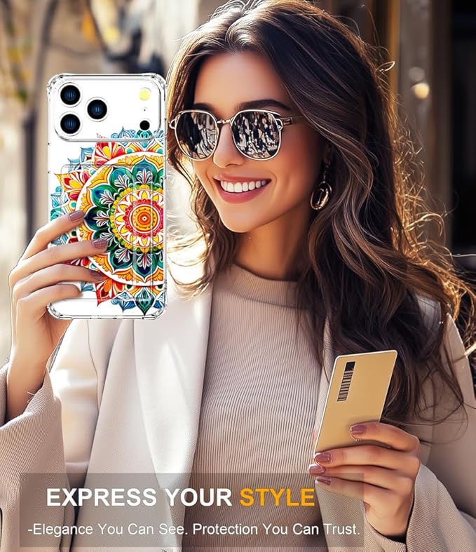 Compatible with iPhone 17 Pro Case Card Holder for Women Cute Design,Wallet Phone Cases Transparent Cool Kawaii Protective (Clear Mandala Henna Flower)