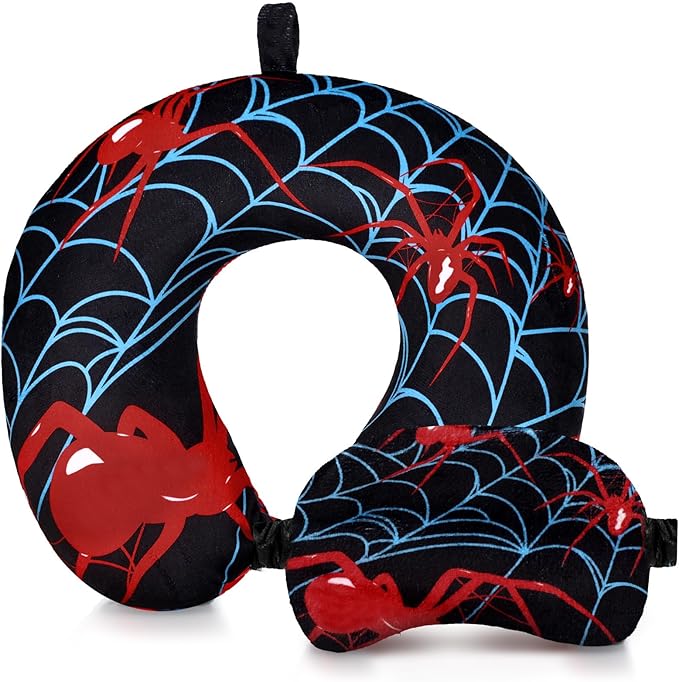 Gilprop 2 Pcs Spiderweb Travel Pillow with Sleep Eye Mask, U Shaped Memory Foam Headrest & Neck Pillow with Washable Cover, Soft Neck Head Support Travel Accessories for Airplane Car Train Bus Trips