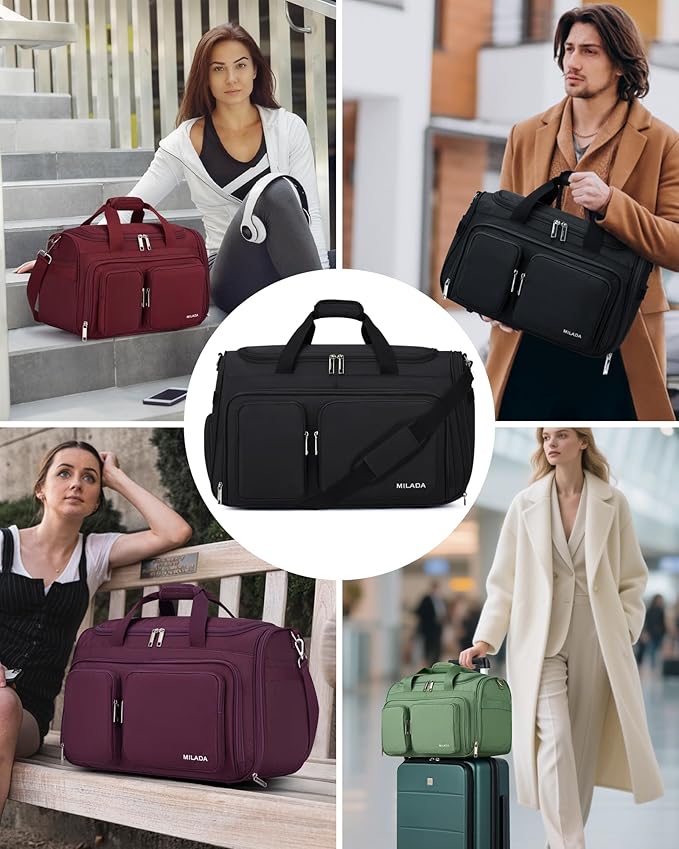MILADA Carry On Luggage Bags for Travel Lightweight Personal Item Travel Bag Foldable Large Duffle Bag for Travel Tote Overnight Bags for Women Mens Weekender Bags, Black