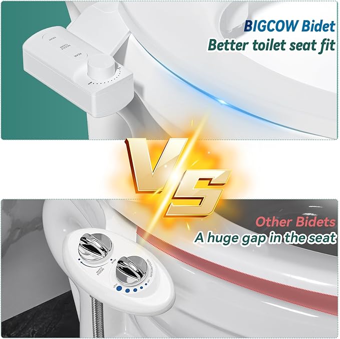 ‌BIGCOW Ultra-Slim Bidet Attachment, Self-Cleaning Dual Nozzle (Front/Rear Wash), One-Finger Command, Ergonomic 3+1 Tactile Controls, Pressure Dial & Tool-Free Install, Instant Hygiene Upgrade