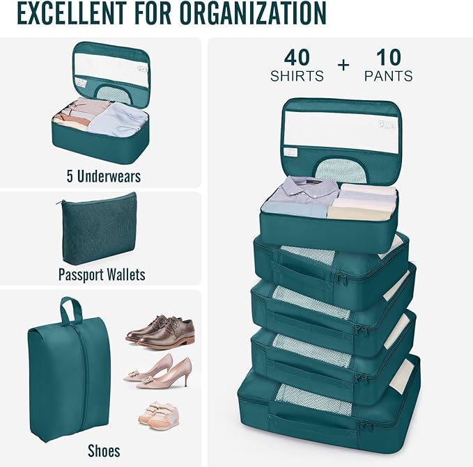 Veken 10 Set Packing Cubes for Travel Essentials, Suitcase Organizer Bags in 4 Sizes, Carry-On Luggage Accessories with Large Laundry Bag & Passport Holder, Must-Have for Airplane, Road Trip & Camping