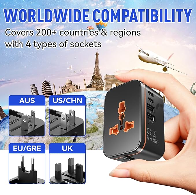 Universal Travel Adapter, Worldwide Wall Travel Plug, 2 USB C, 2 USB A and 1 Multi AC Outlets Travel Charger, International Power Adapter, European Power Plug for EU UK USA AU, Travel Essentials