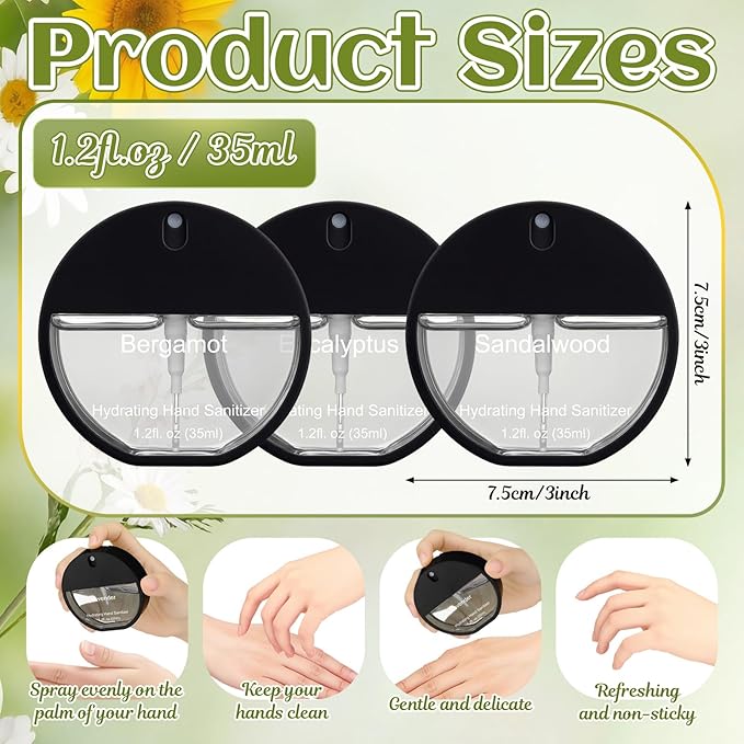 3 Pcs Power Mist Hydrating Hand Sanitizer Spray Bulk Travel Size Refreshing Hand Sanitizer 1.2 Fl. oz Round Spray Bottle Eucalyptus Sandalwood Bergamot Scent for Men Daily Personal Use Gifts